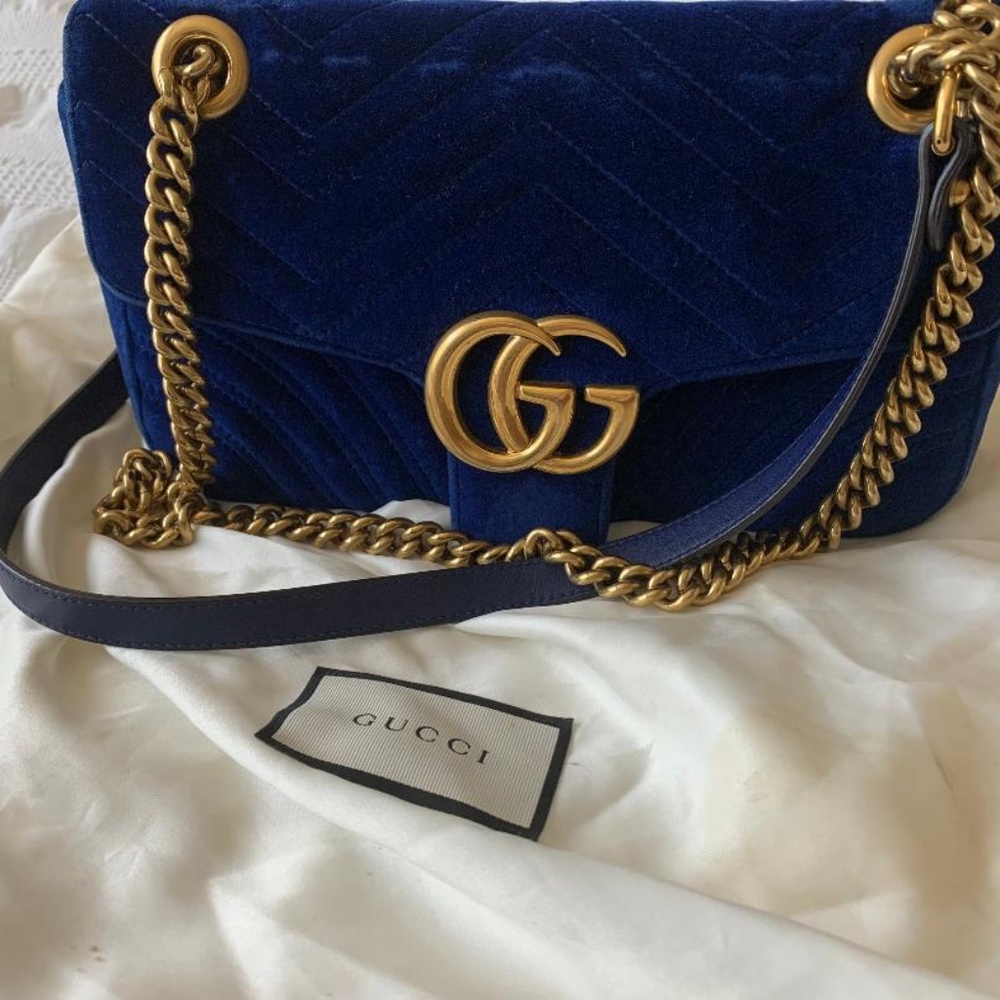 Velvet Matelasse Small GG Marmont Shoulder Bag Cobalt Blue